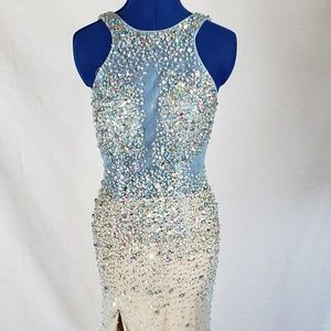 Ice Blue Rhinestone Fully Beaded Gown